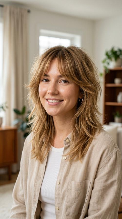 Voluminous Layered Shag with Bottleneck Bangs