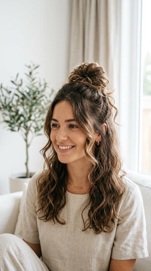 Voluminous Messy Top Knot with Waves