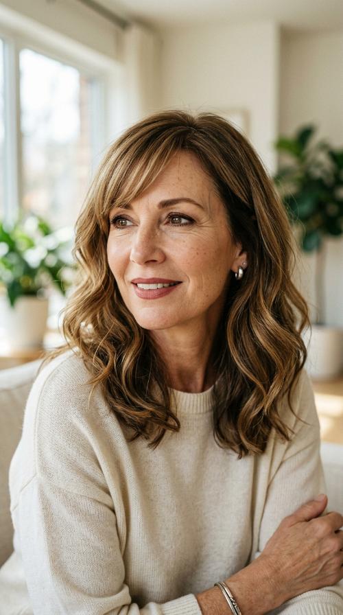 Wavy Midi with Side-Swept Bangs