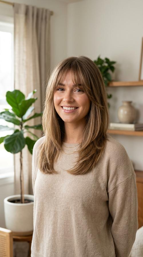 Wispy Curtain Bangs and Midi Cut