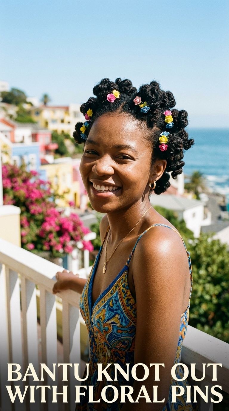 Bantu Knot Out with Floral Pins