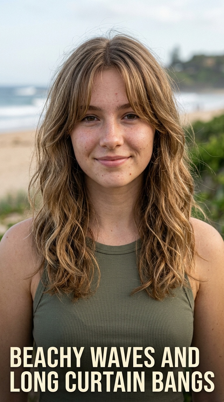 Beachy Waves and Long Curtain Bangs