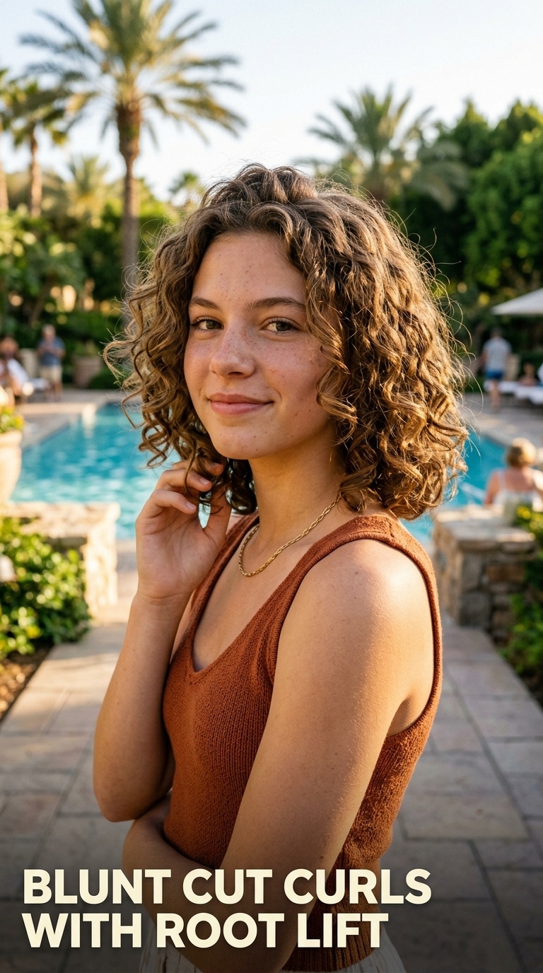 Blunt Cut Curls with Root Lift
