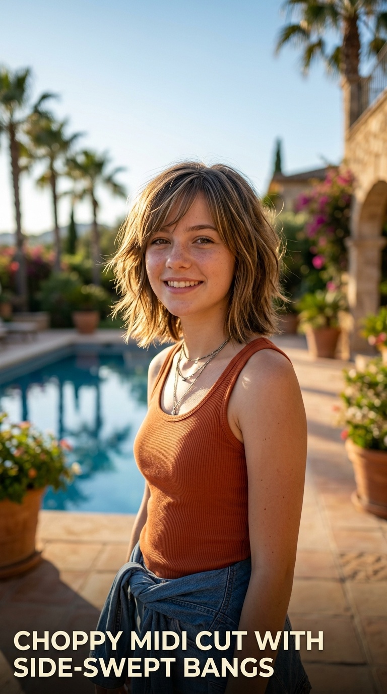 Choppy Midi Cut with Side-Swept Bangs