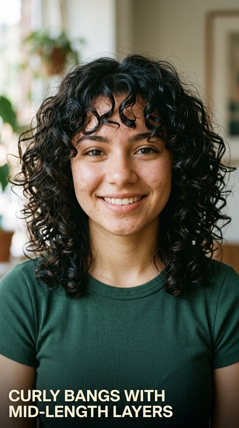 Curly Bangs with Mid-Length Layers