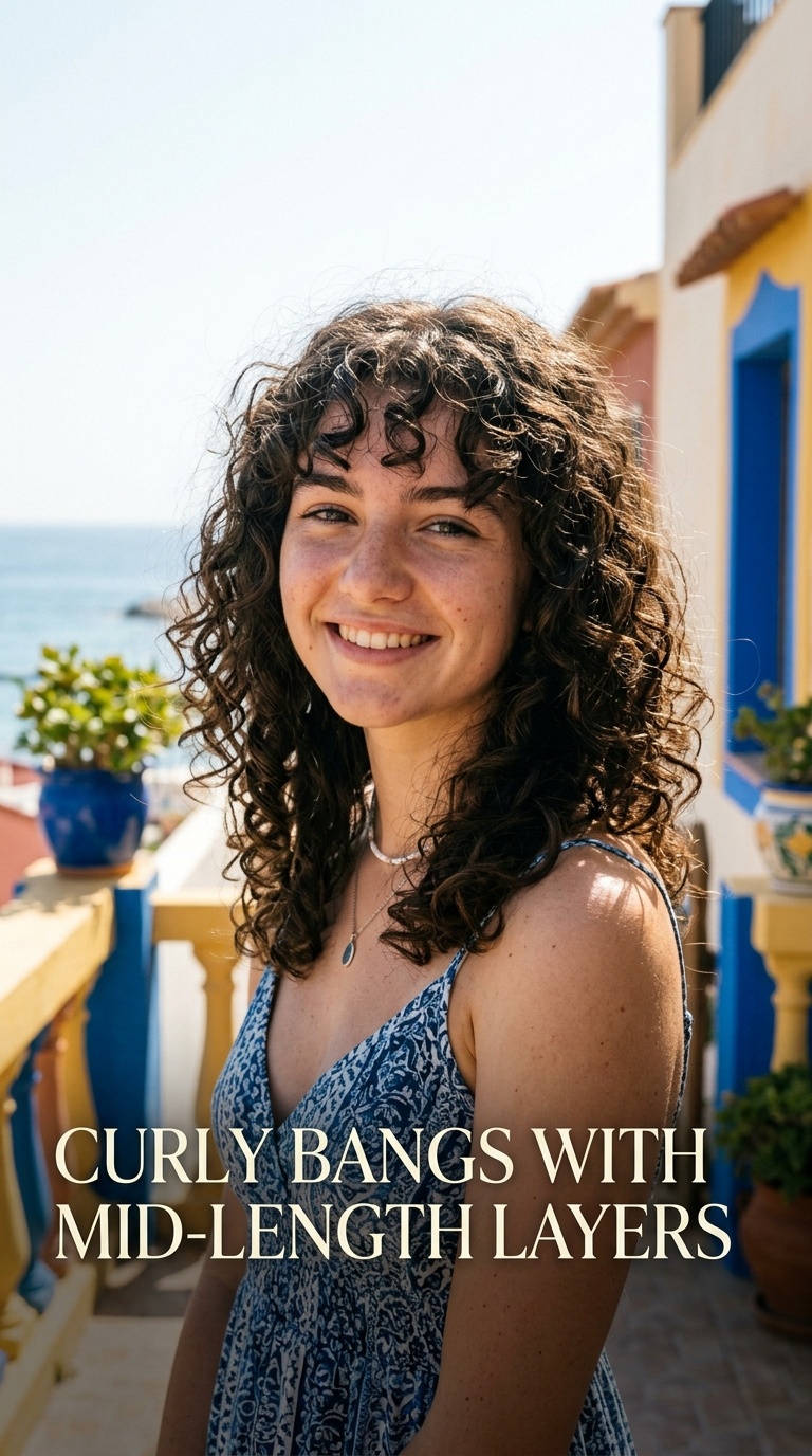 Curly Bangs with Mid-Length Layers
