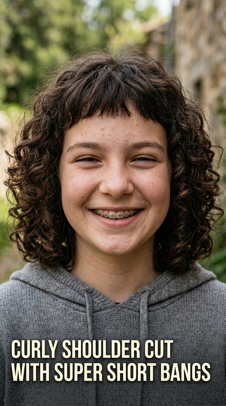 Curly Shoulder Cut with Super Short Bangs