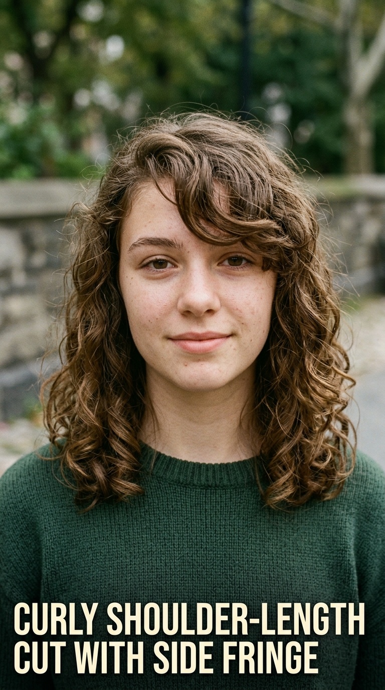 Curly Shoulder-Length Cut with Side Fringe