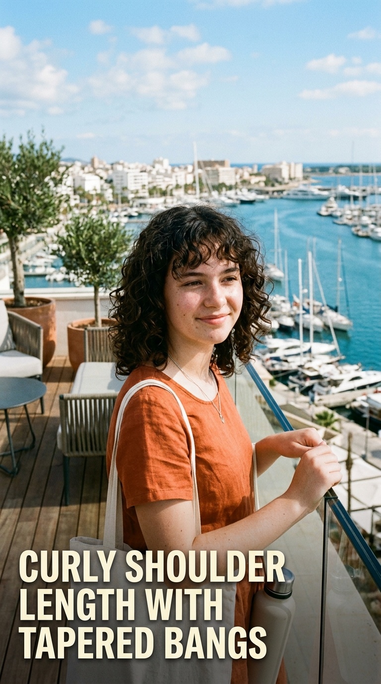 Curly Shoulder Length with Tapered Bangs