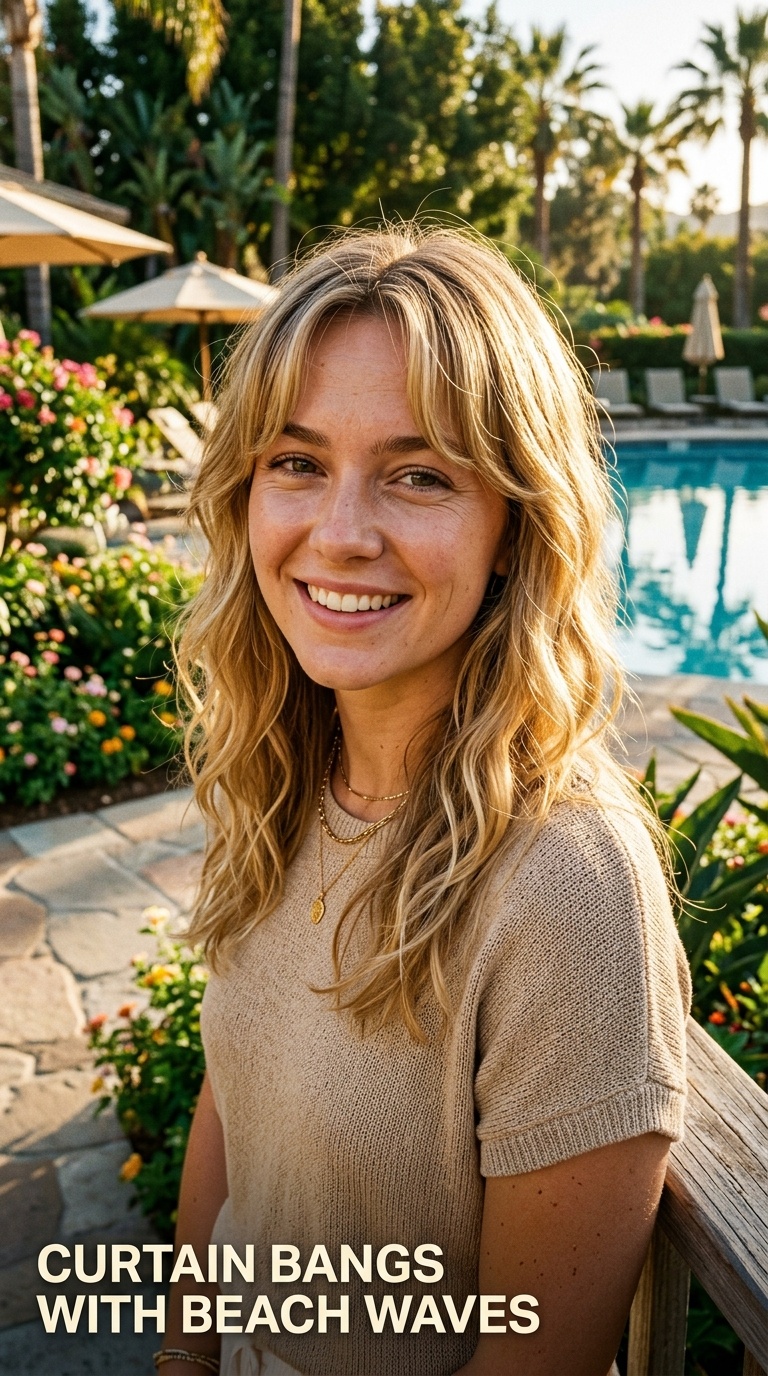 Curtain Bangs with Beach Waves
