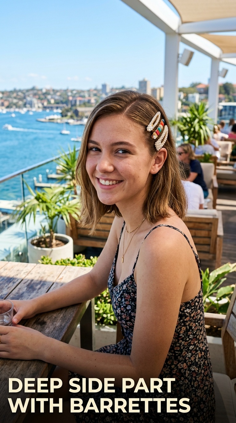 Deep Side Part with Barrettes