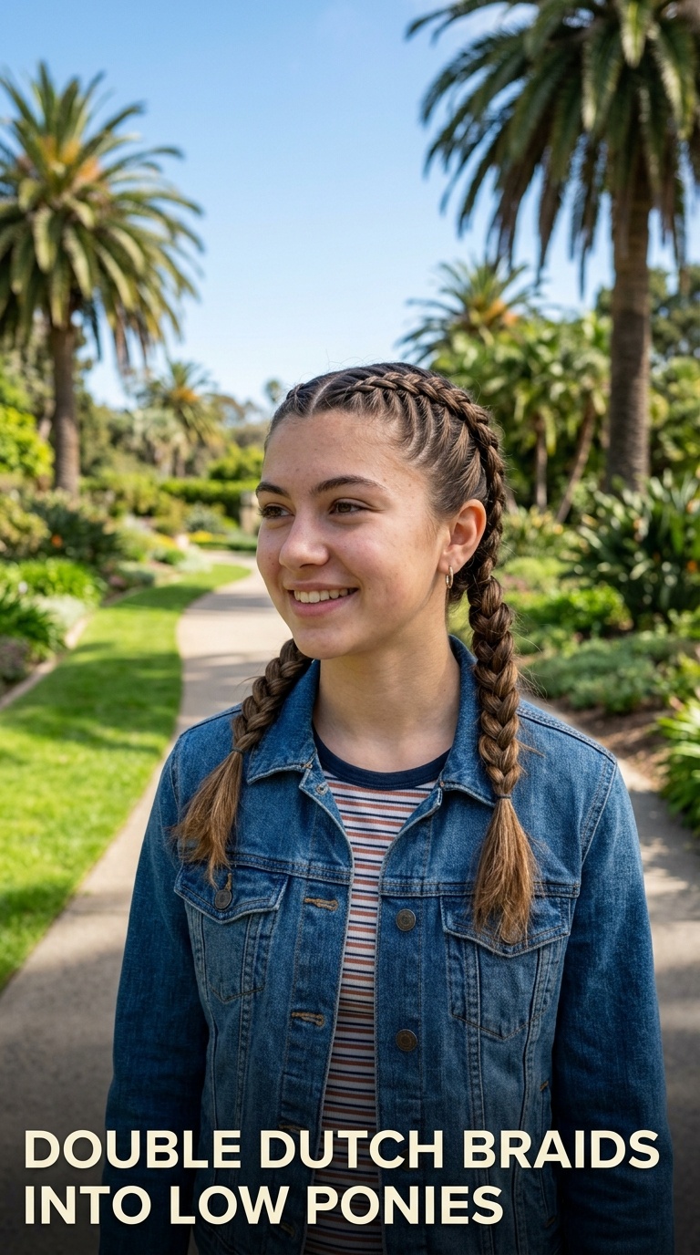 Double Dutch Braids into Low Ponies