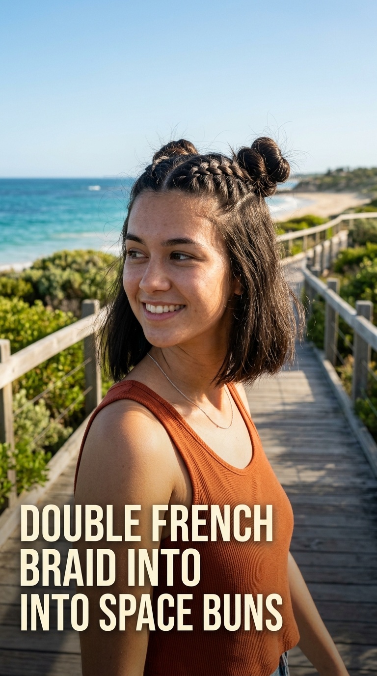Double French Braid Into Space Buns