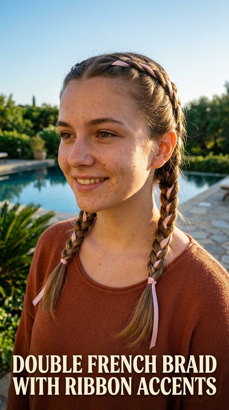 Double French Braid with Ribbon Accents