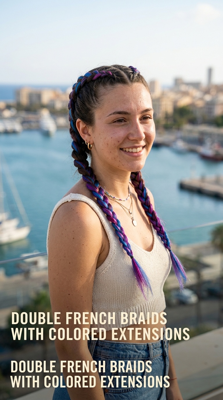 Double French Braids with Colored Extensions