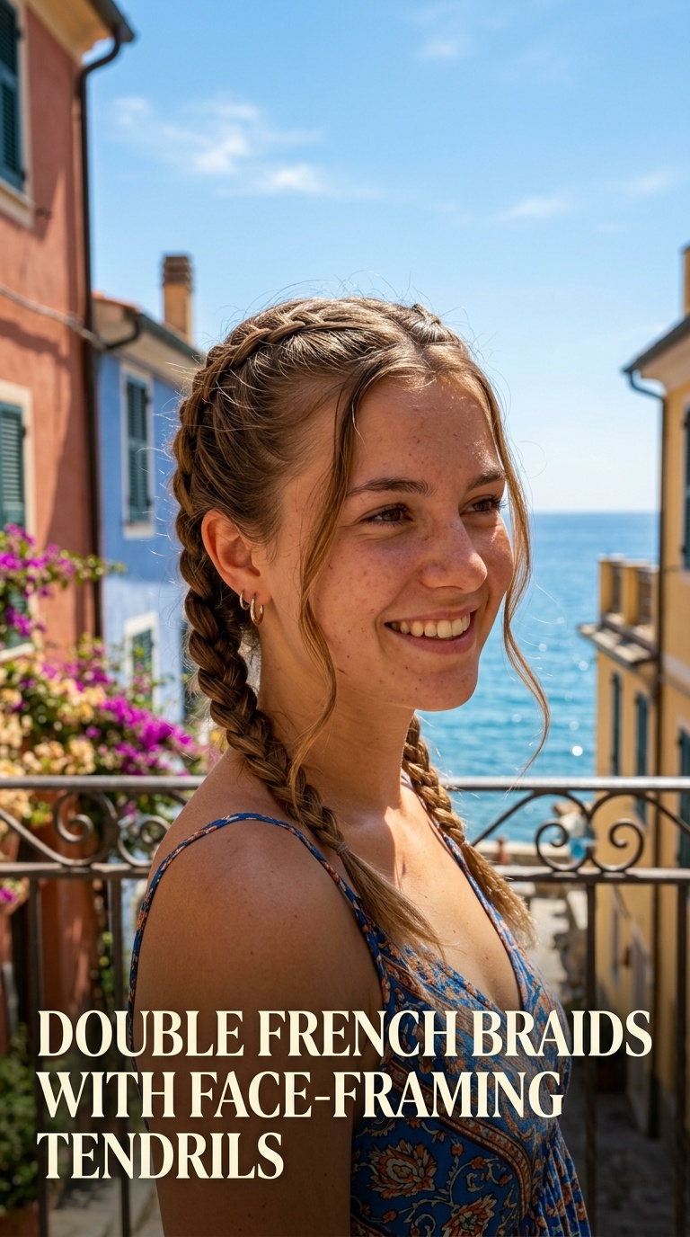 Double French Braids with Face-Framing Tendrils