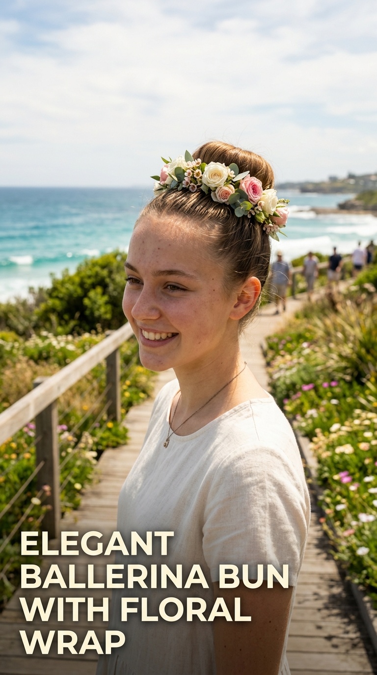 Elegant Ballerina Bun with Floral Wrap