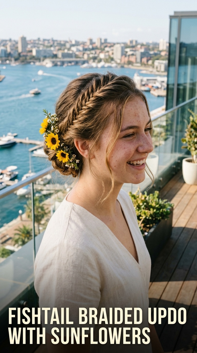 Fishtail Braided Updo with Sunflowers