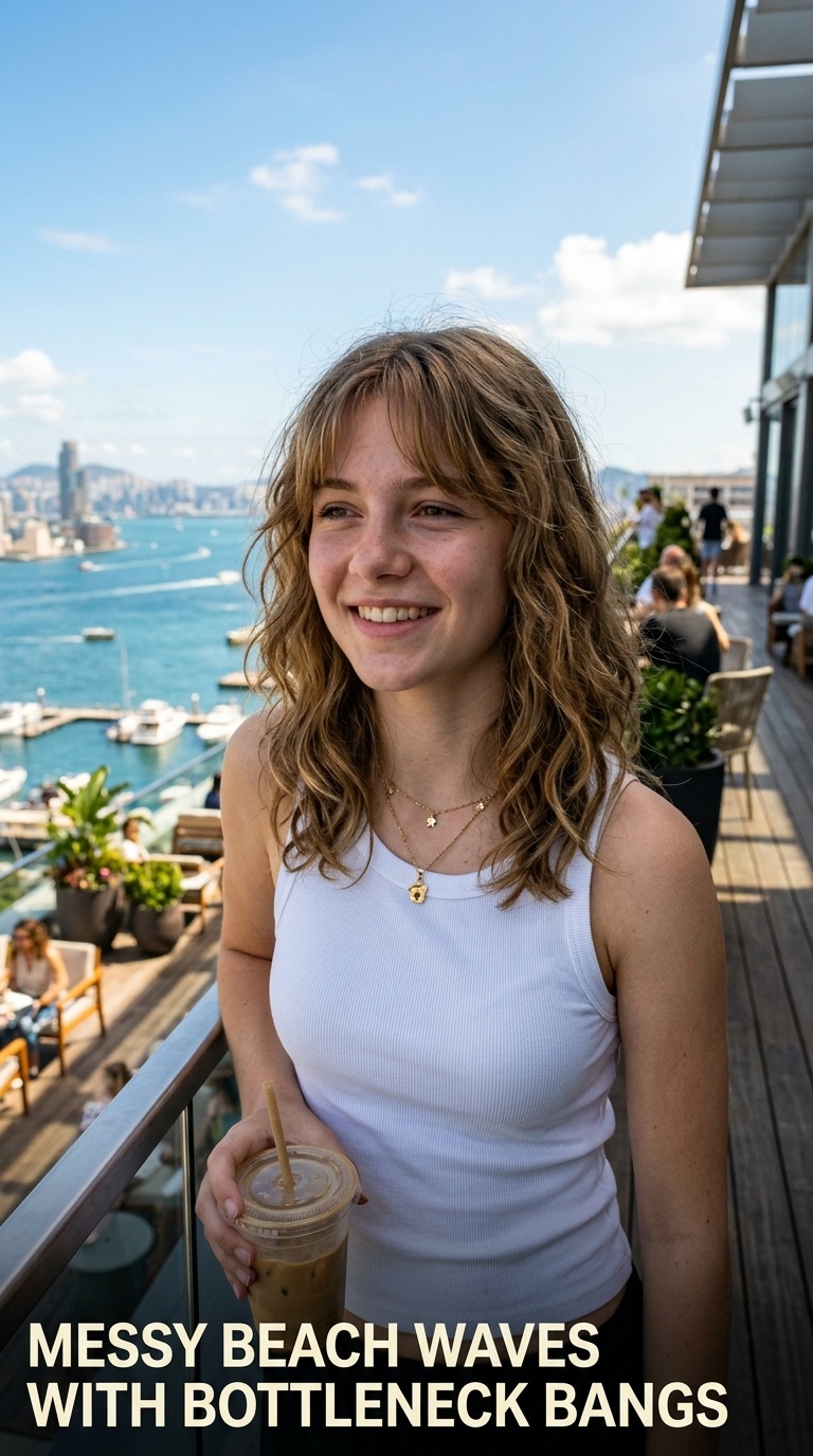 Messy Beach Waves with Bottleneck Bangs
