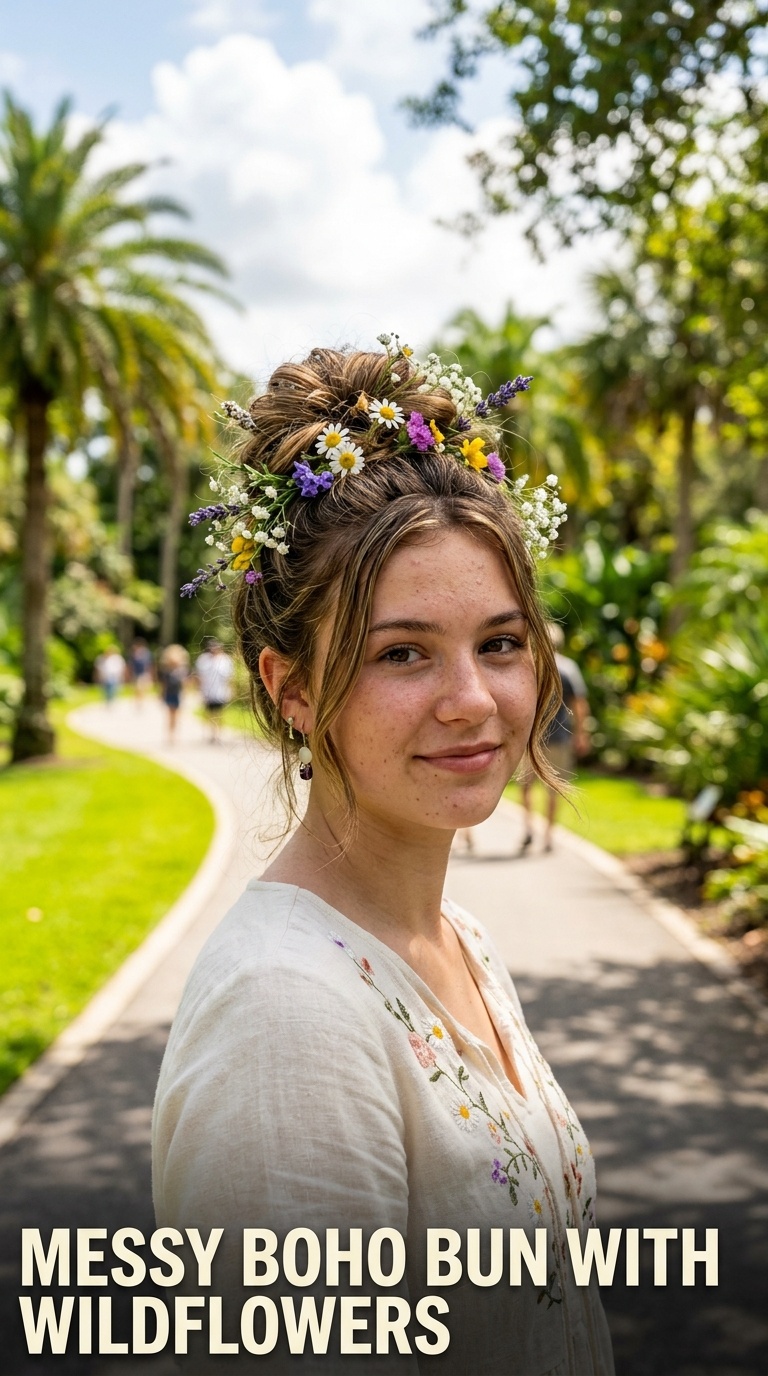 Messy Boho Bun with Wildflowers