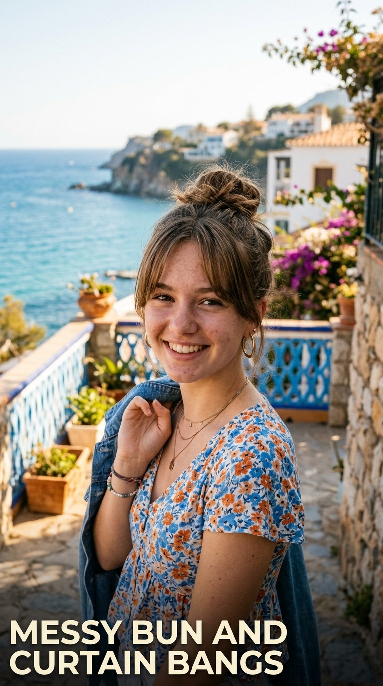 Messy Bun and Curtain Bangs