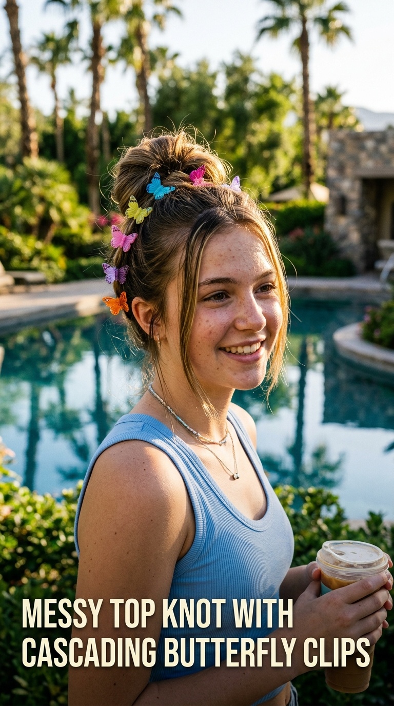 Messy Top Knot with Cascading Butterfly Clips
