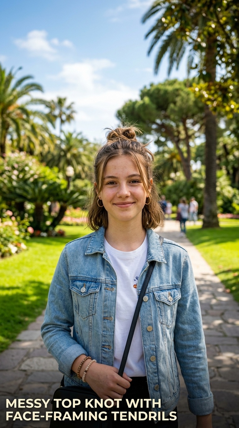 Messy Top Knot with Face-Framing Tendrils