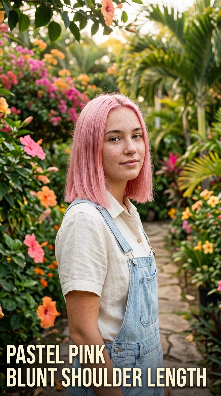 Pastel Pink Blunt Shoulder Length