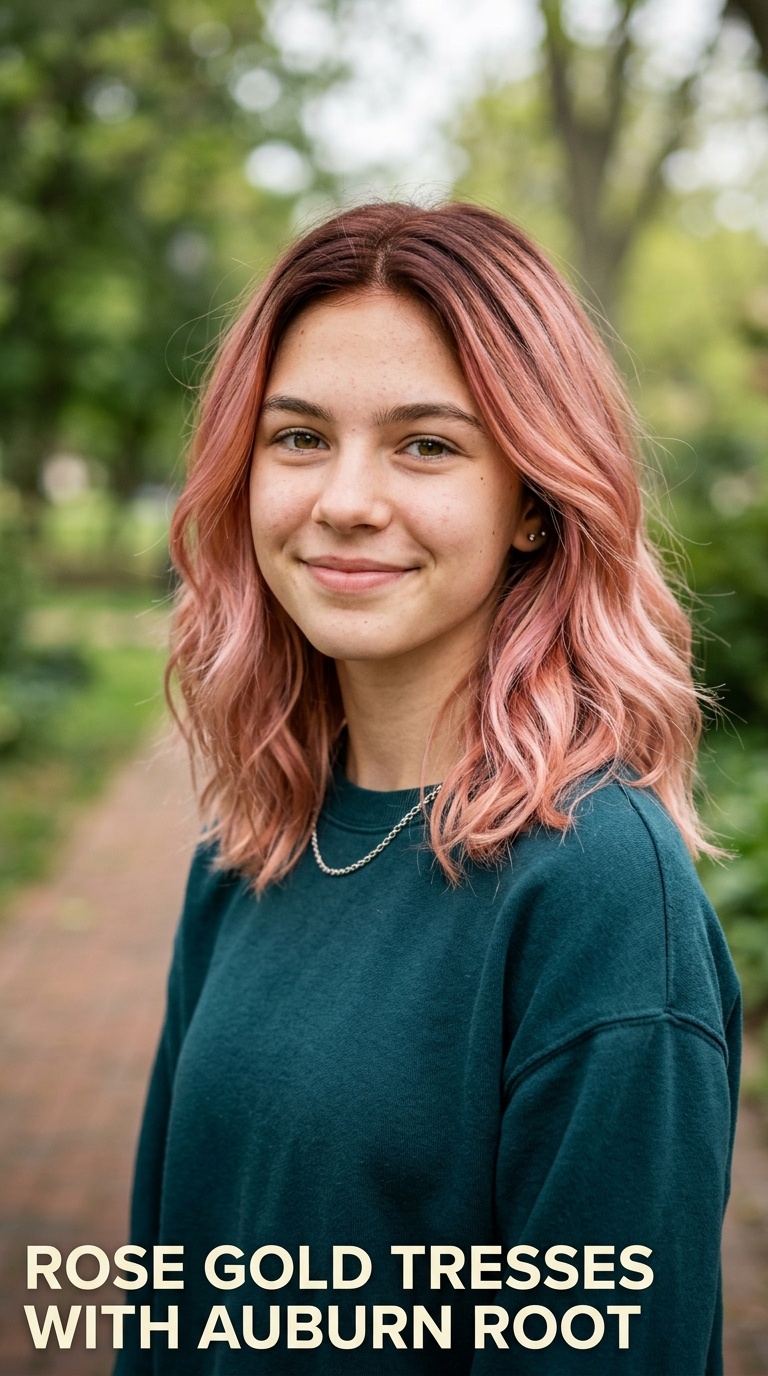 Rose Gold Tresses with Auburn Root