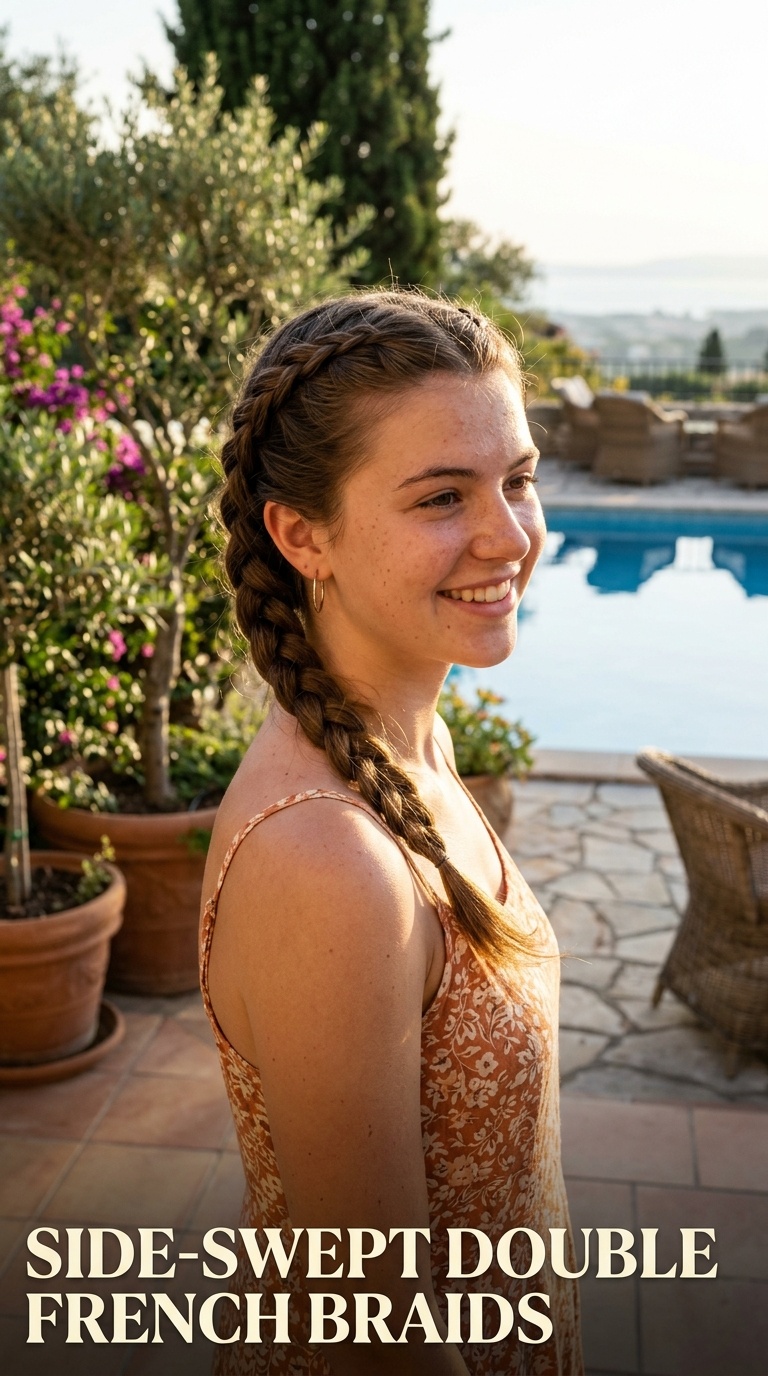 Side-Swept Double French Braids
