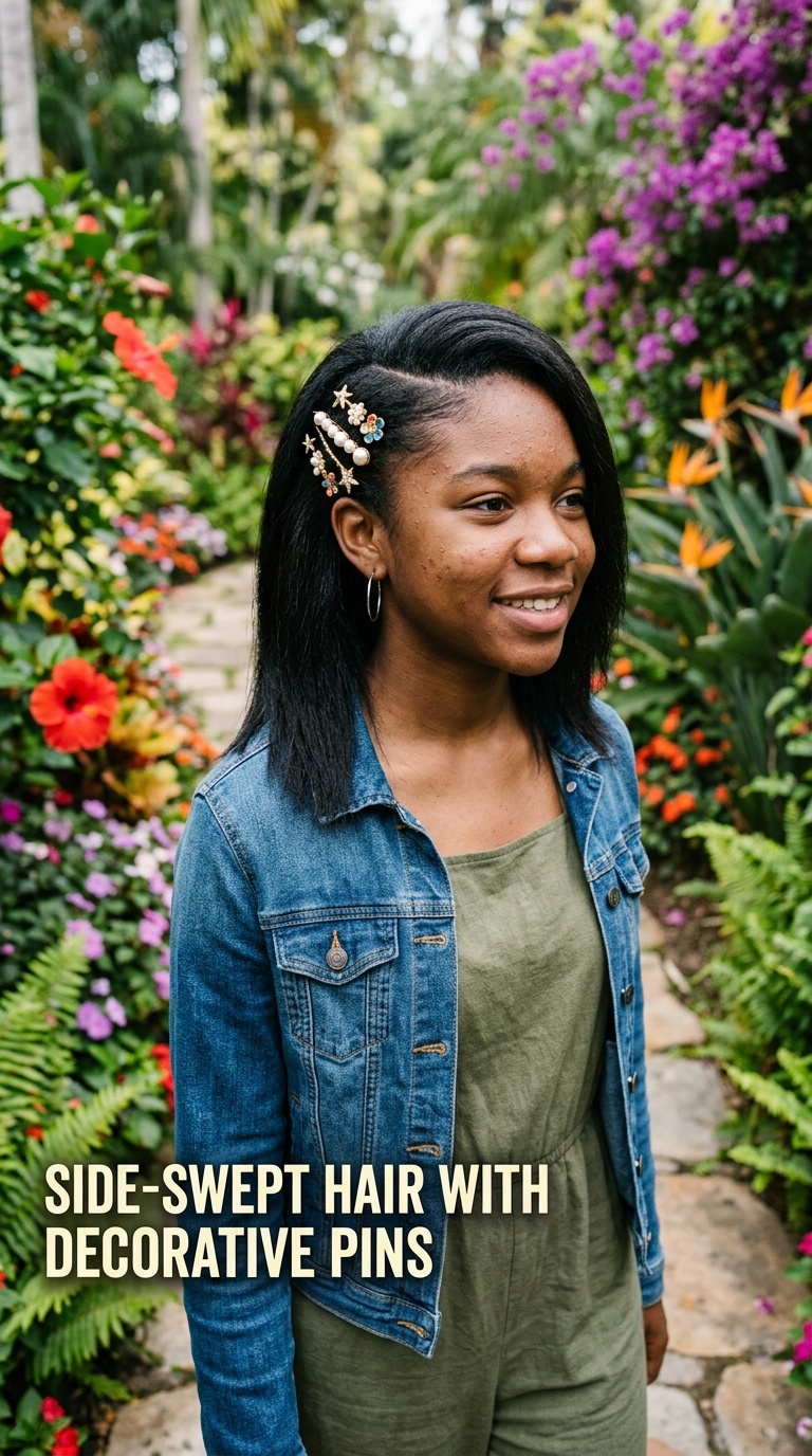 Side-Swept Hair with Decorative Pins