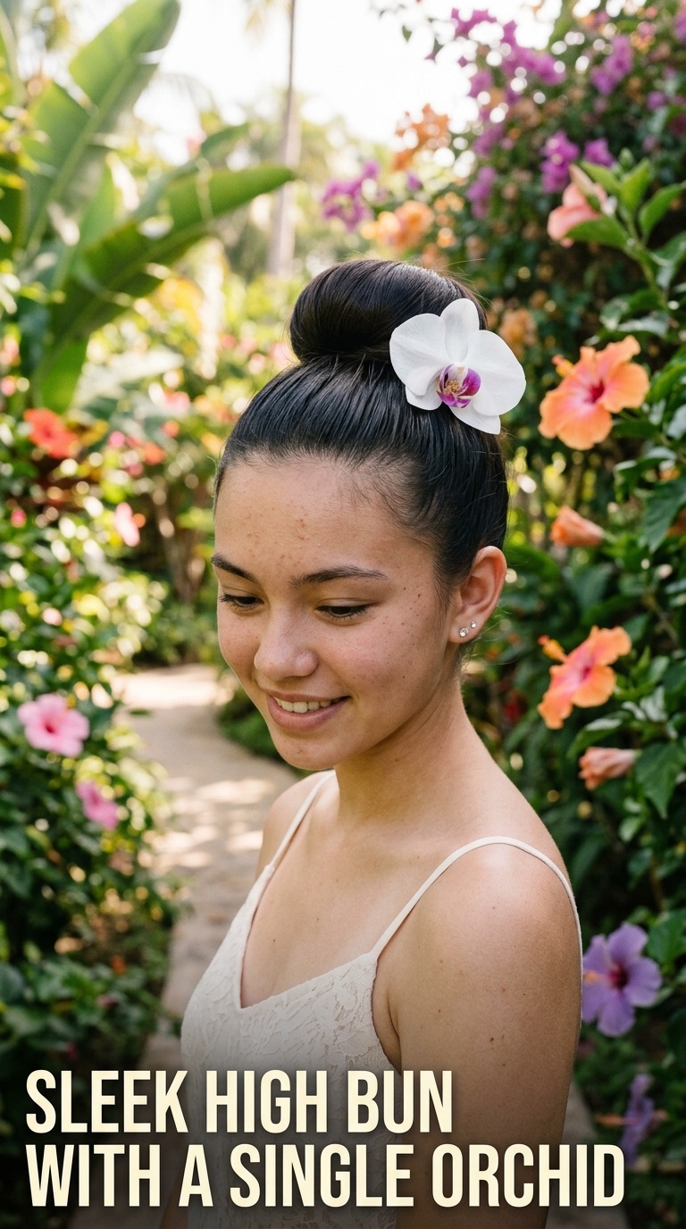 Sleek High Bun with a Single Orchid