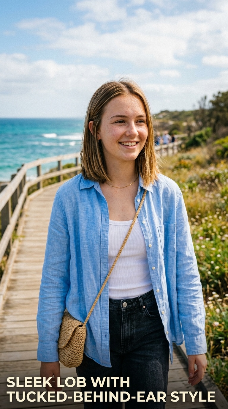 Sleek Lob with Tucked-Behind-Ear Style