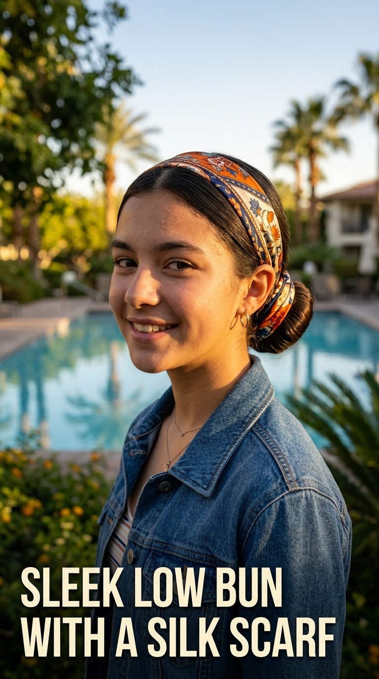 Sleek Low Bun with a Silk Scarf