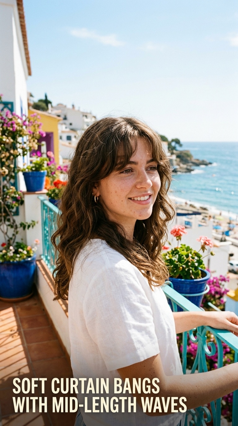 Soft Curtain Bangs with Mid-Length Waves