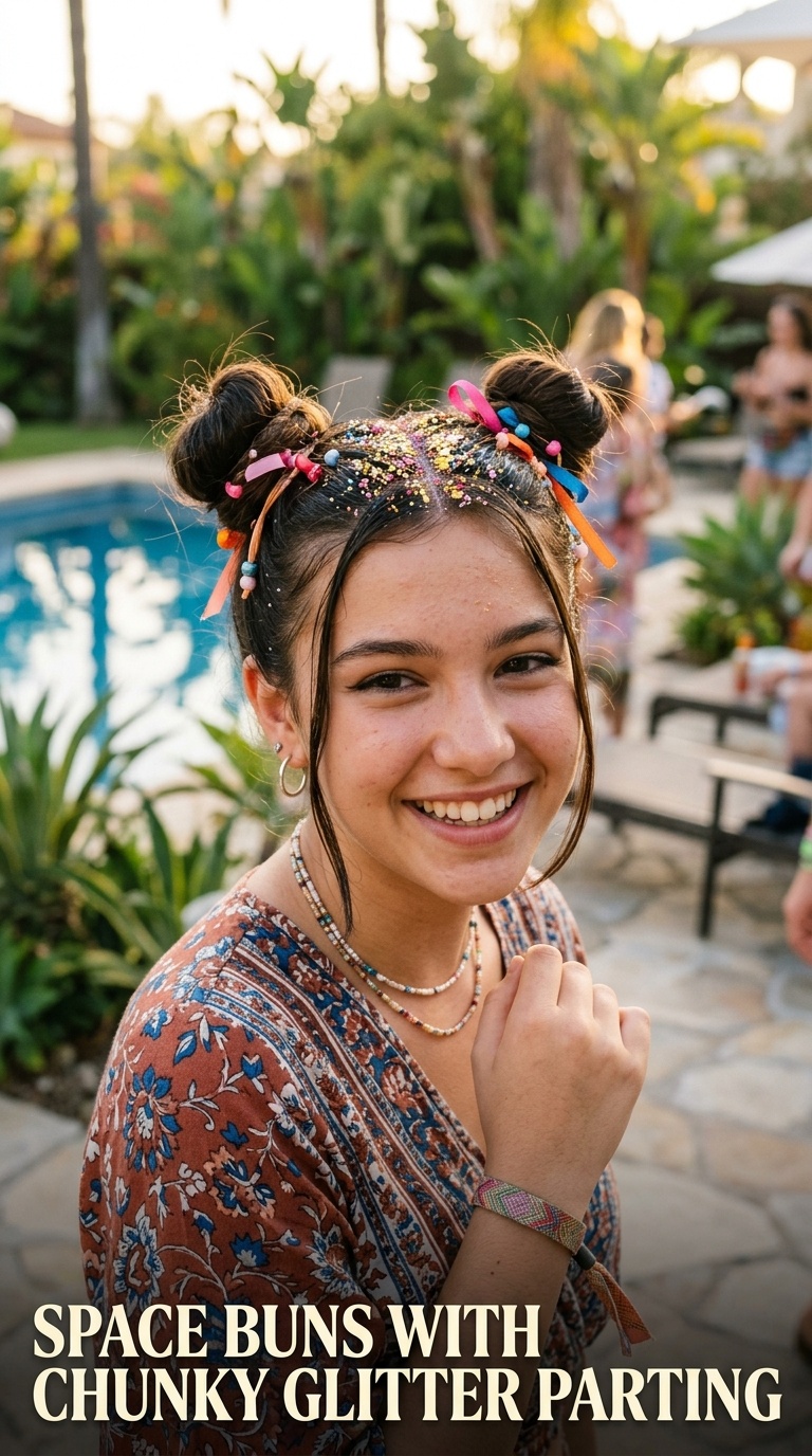 Space Buns with Chunky Glitter Parting
