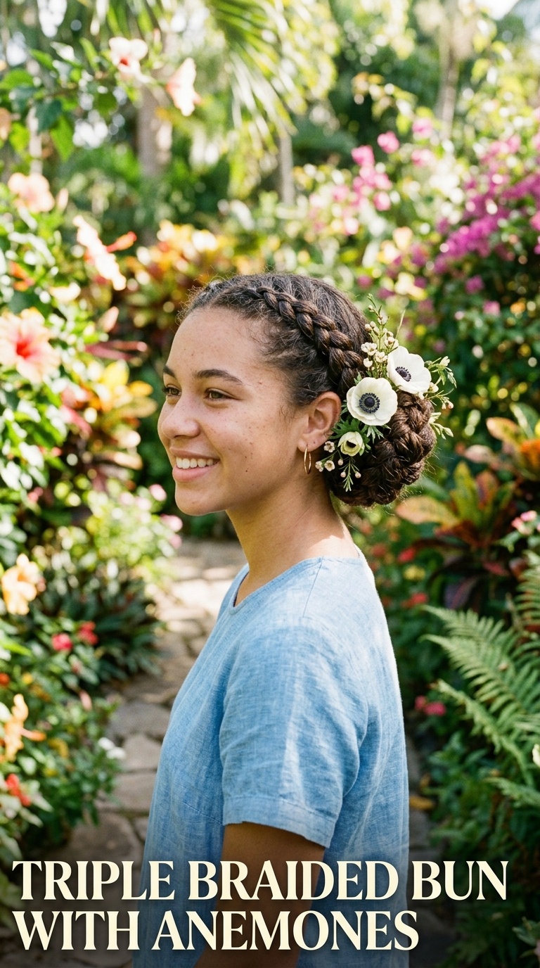 Triple Braided Bun with Anemones