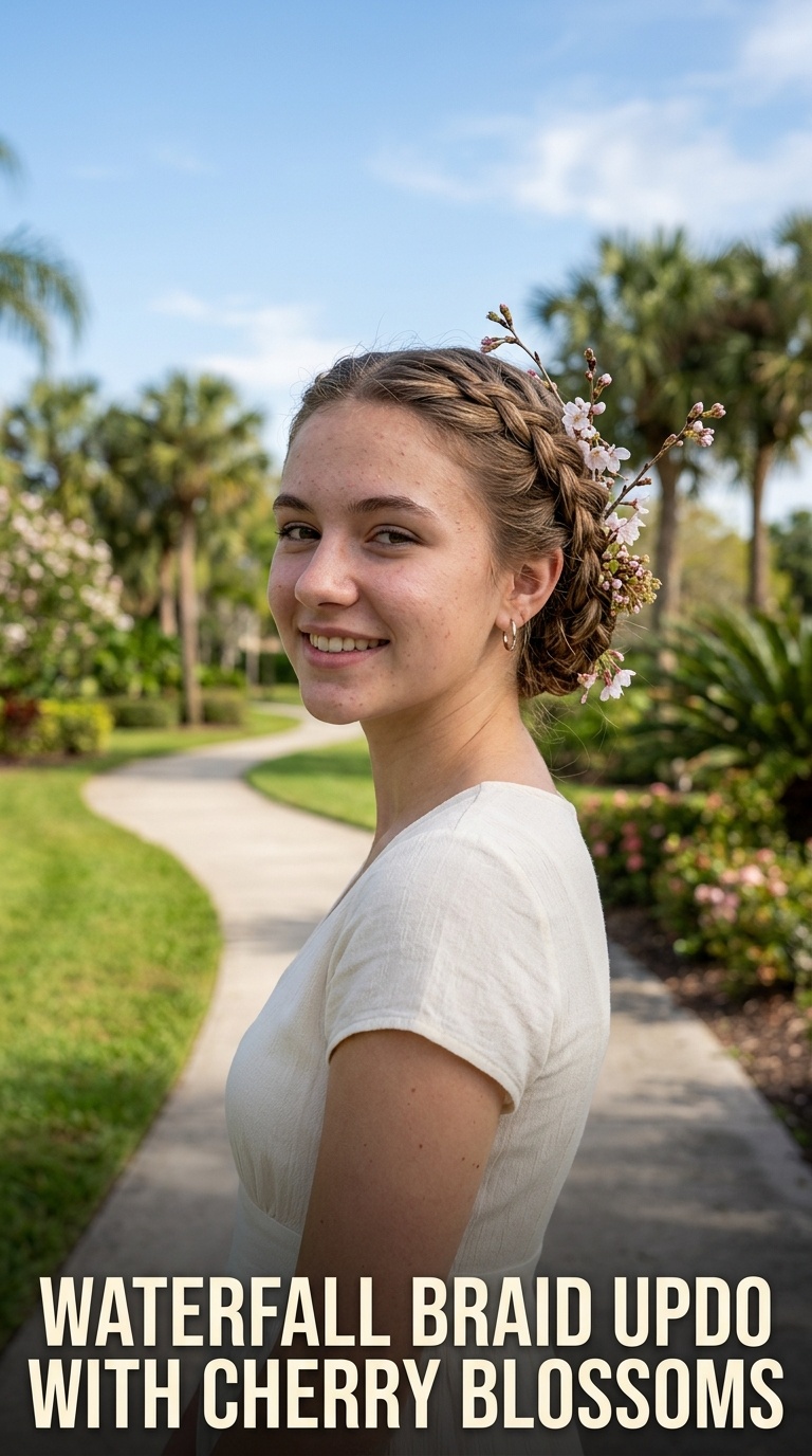 Waterfall Braid Updo with Cherry Blossoms