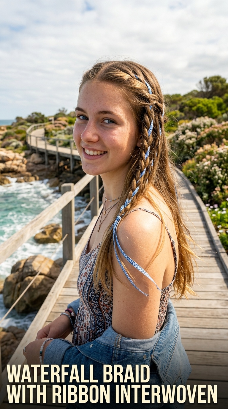 Waterfall Braid with Ribbon Interwoven