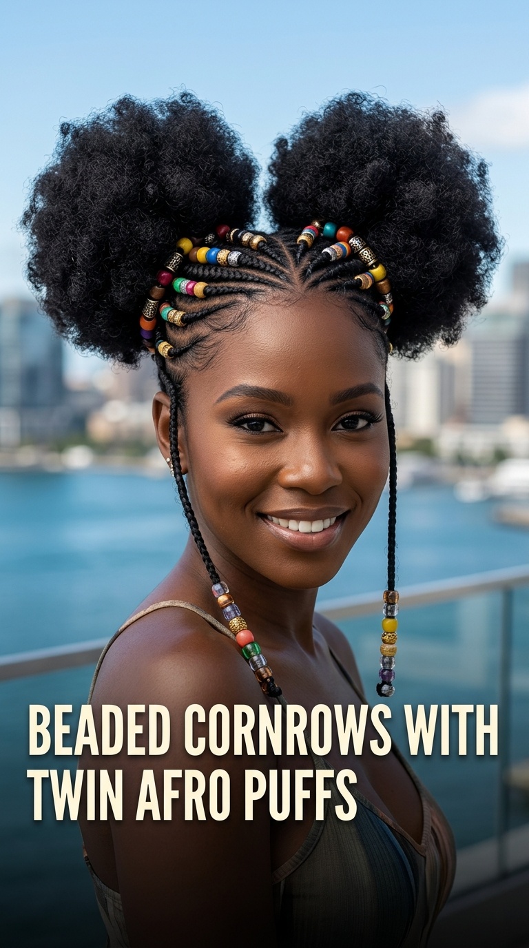 Beaded Cornrows with Twin Afro Puffs