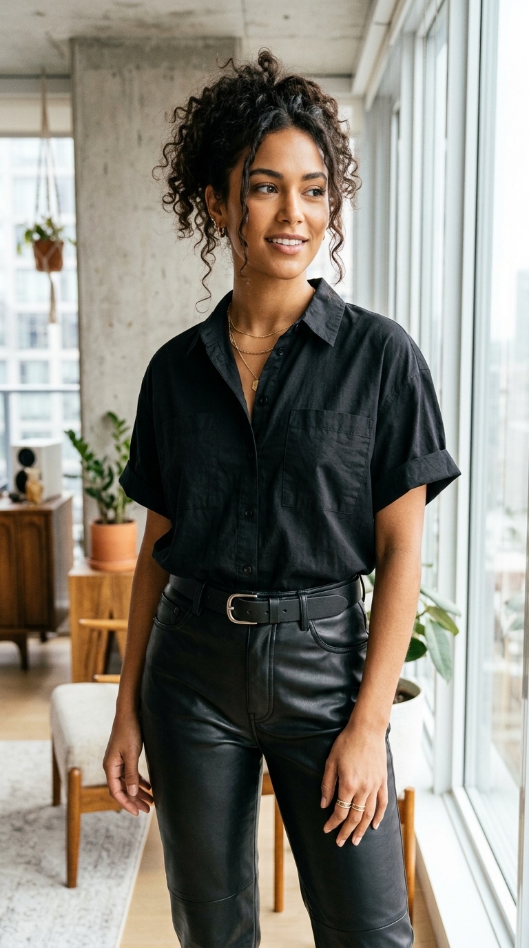 Black Shirt And Leather Pants