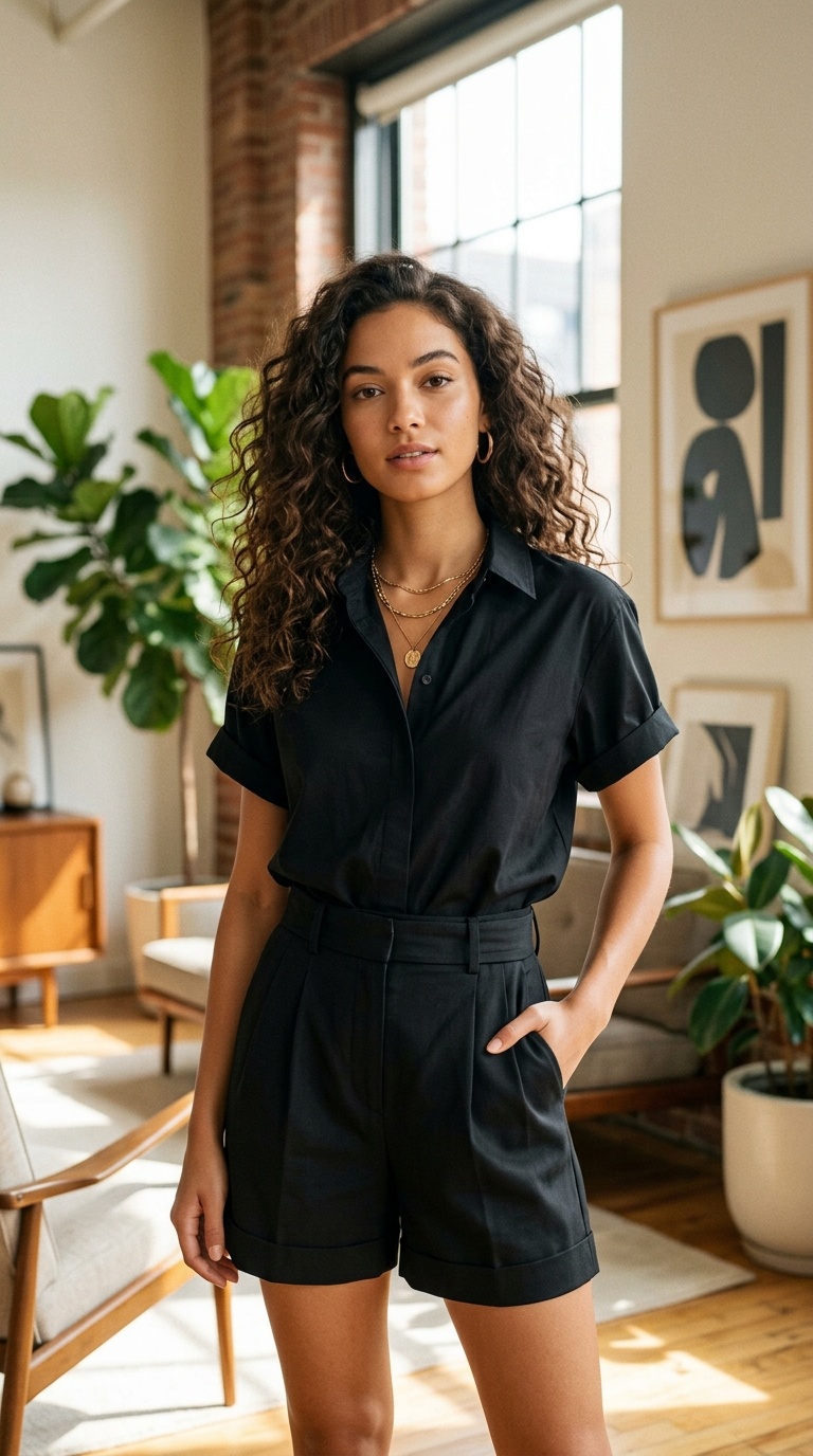 Black Shirt And Tailored Shorts