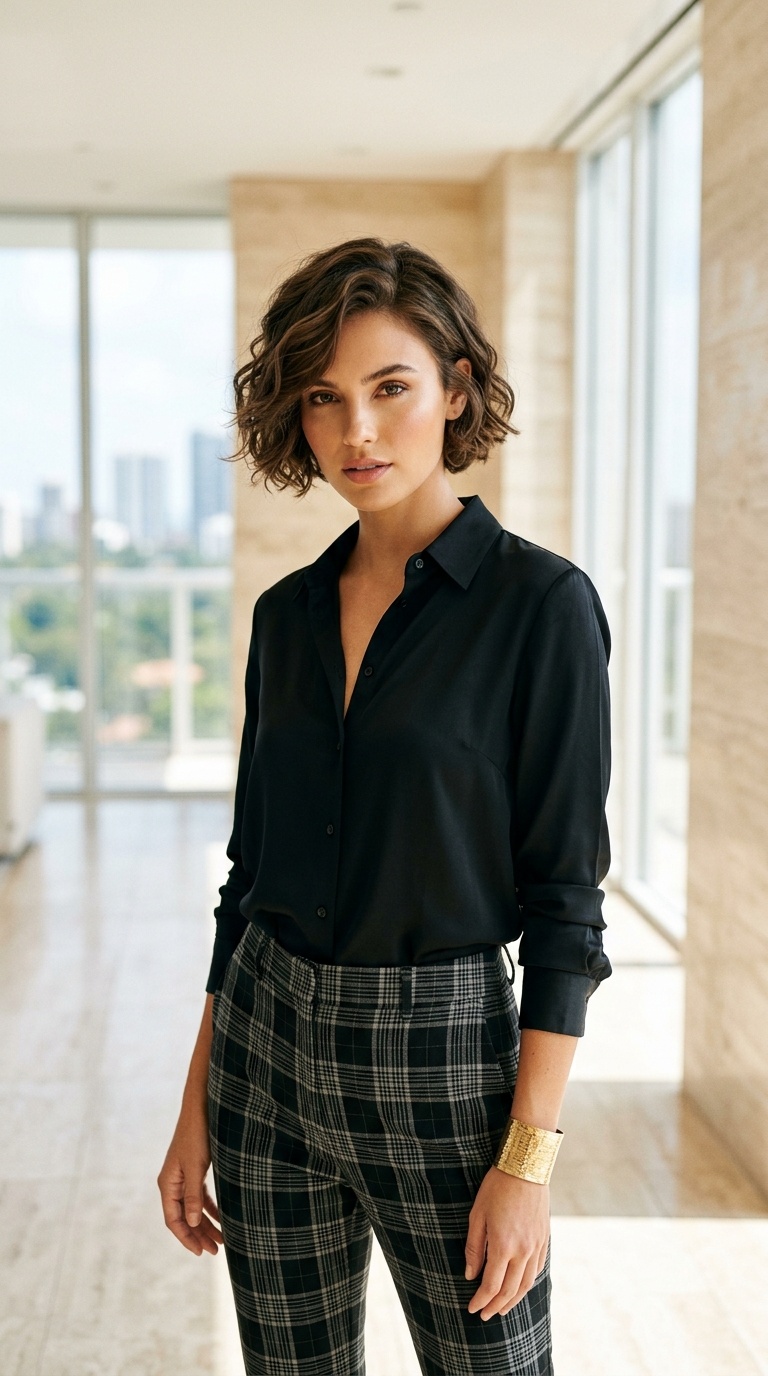 Black Shirt With Plaid Trousers