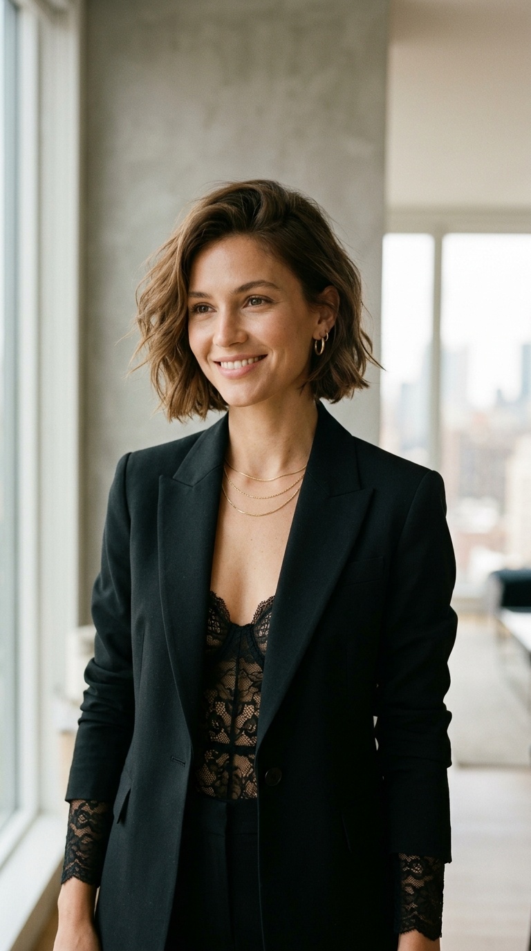 Black Suit With Lace Bodysuit