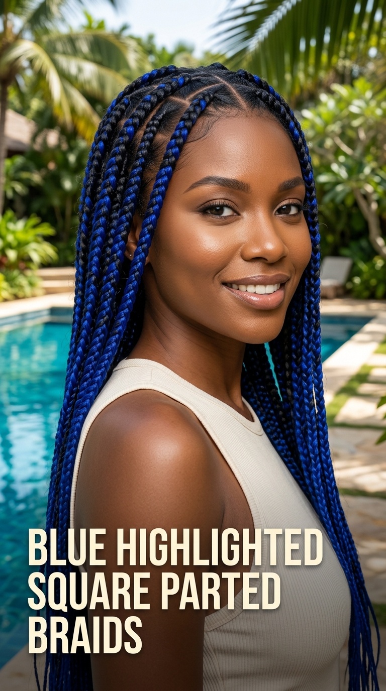 Blue Highlighted Square Parted Braids