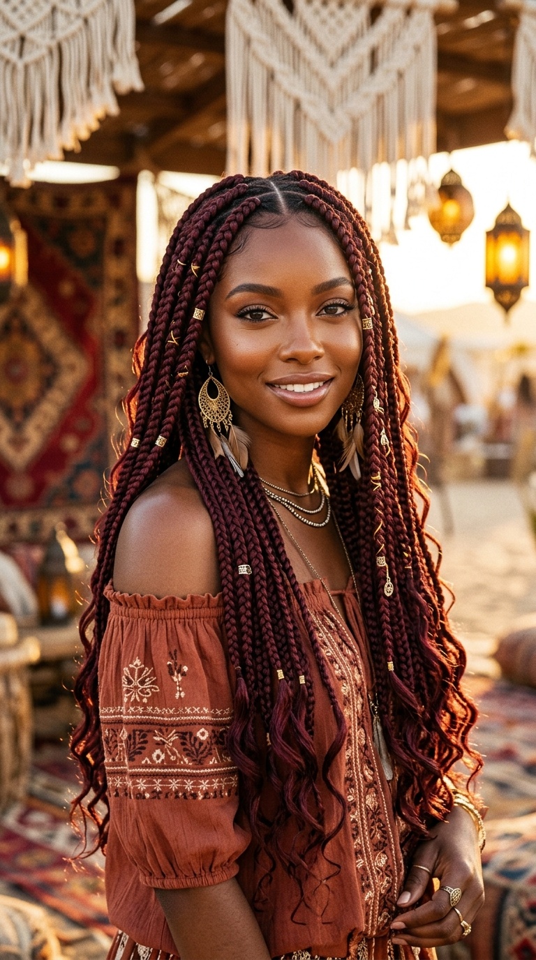 Burgundy Boho Box Braids Style