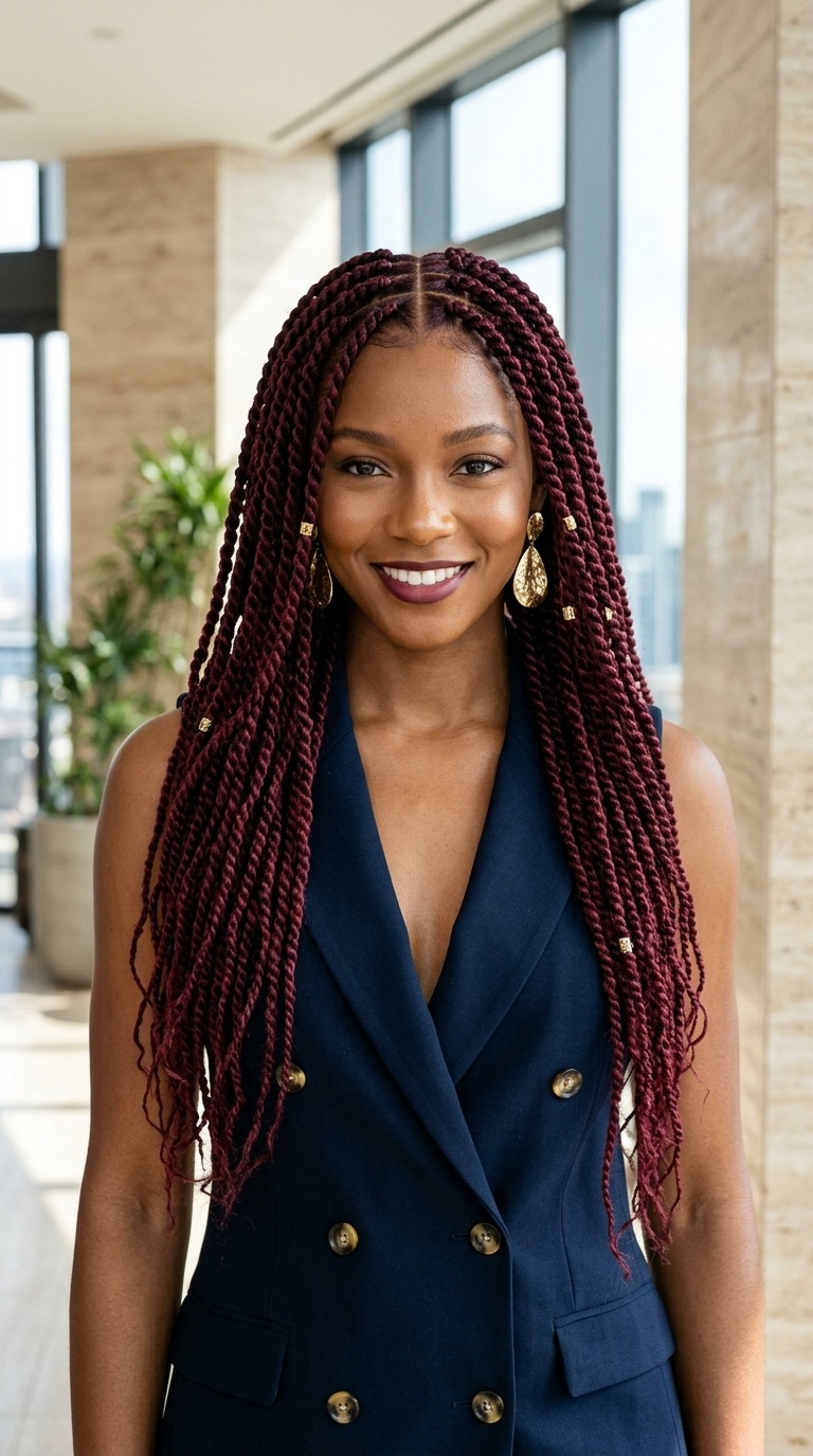 Burgundy Senegalese Twists Style
