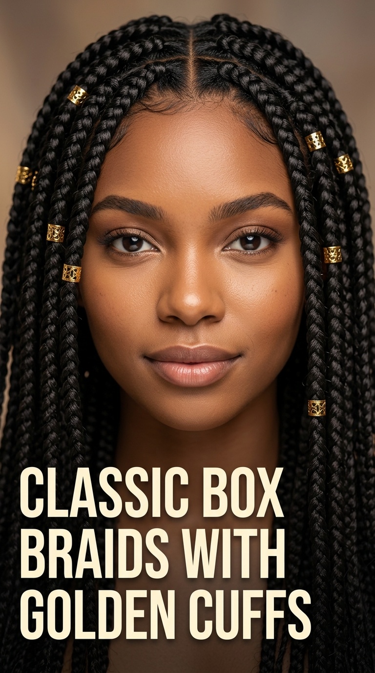 Classic Box Braids with Golden Cuffs