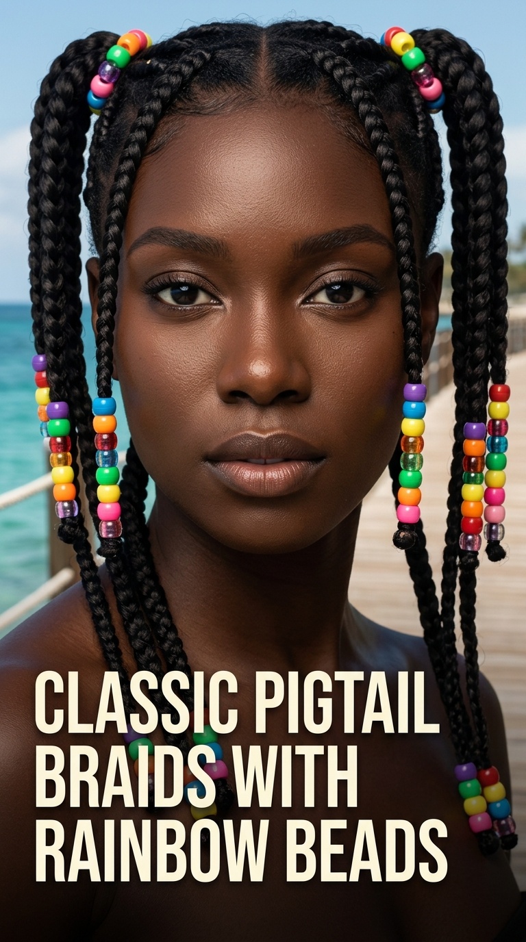 Classic Pigtail Braids with Rainbow Beads