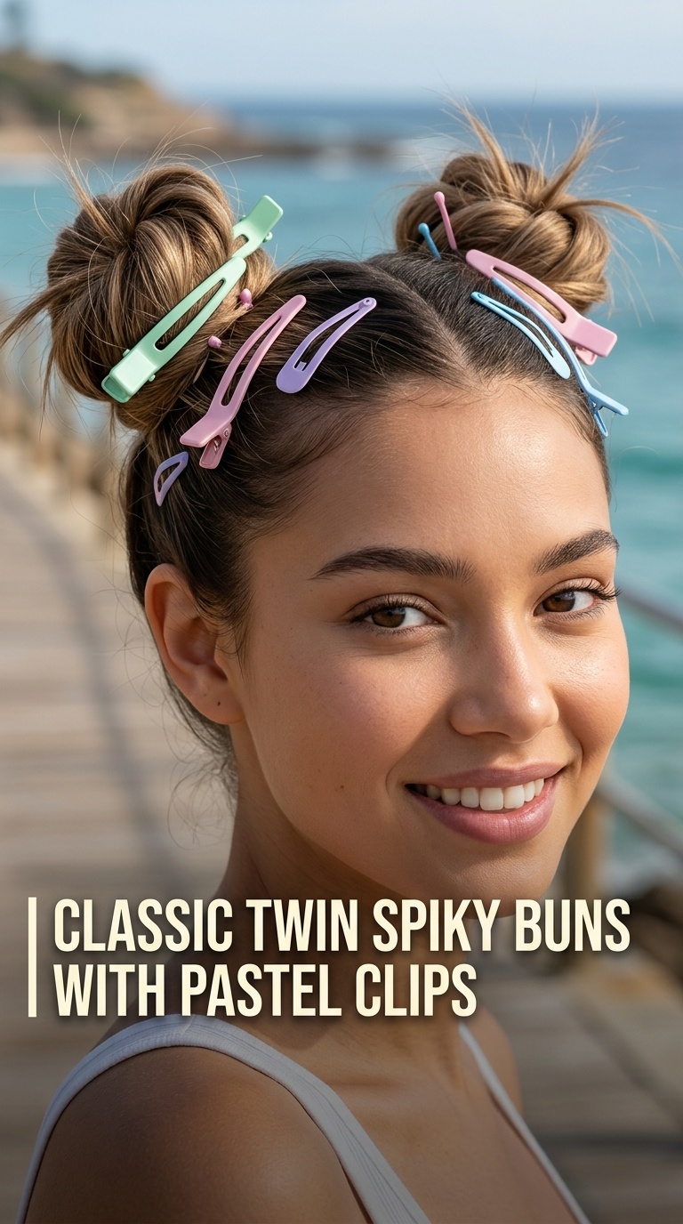 Classic Twin Spiky Buns with Pastel Clips